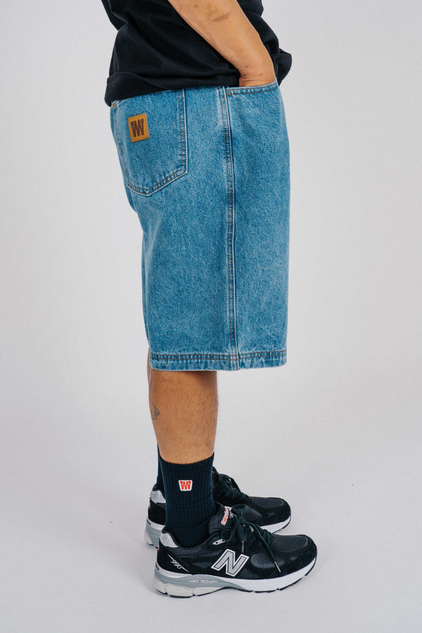 Baggy Denim Shorts - Leather Patch - Vintage Blue